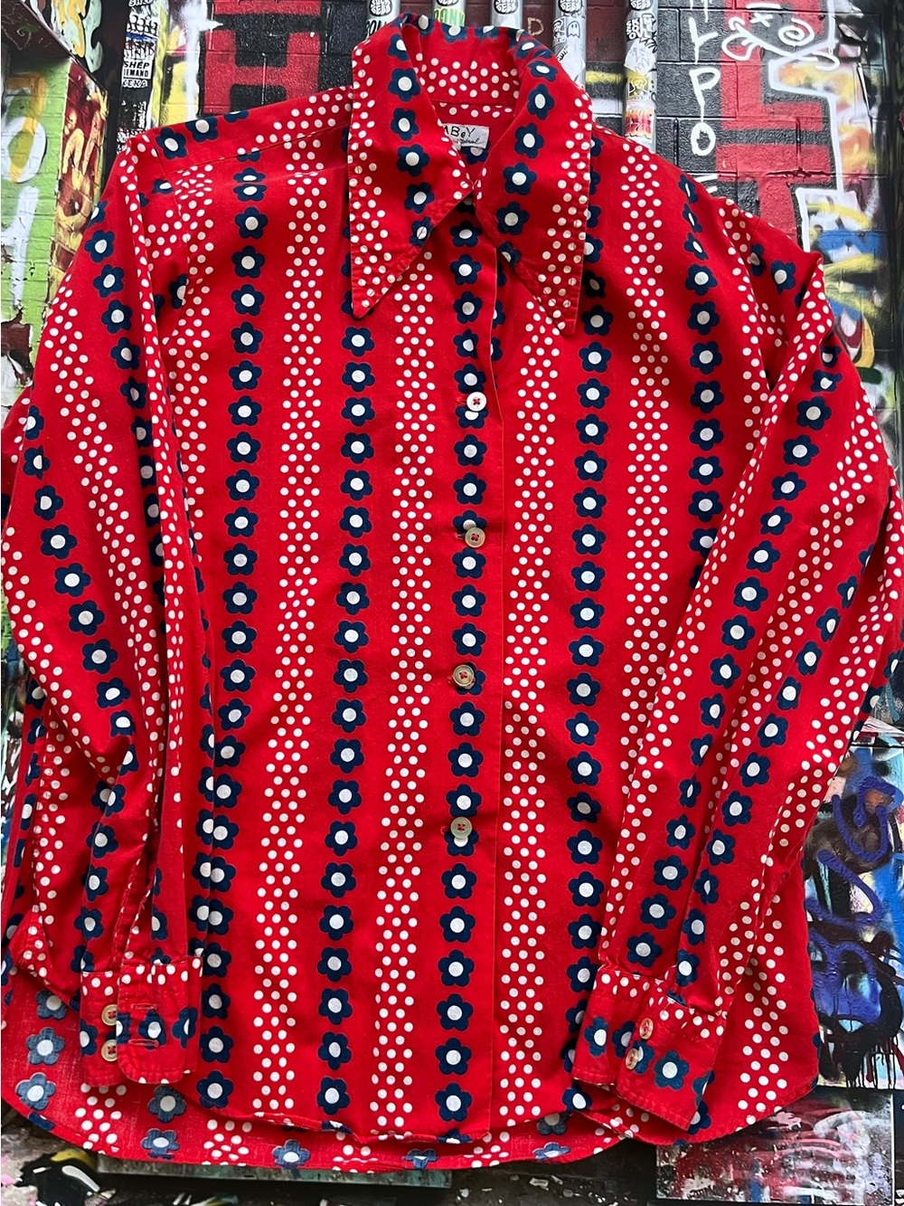 Vintage 1970s GABeY Red Blue Floral & Polka Dot Button-Up Shirt